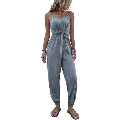 Gray Cami Jumpsuit with V-Neck and Tie-Waist