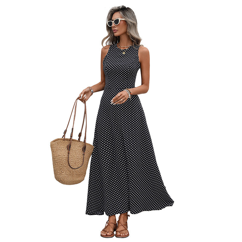 A-Line Polka Dot Maxi Dress with Tie-Back