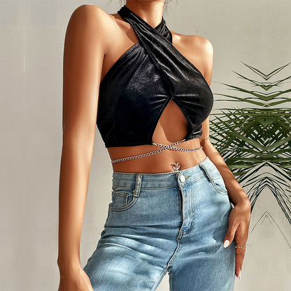 Black Velvet Halter Crop Top with Cut-Out and Chain Detail