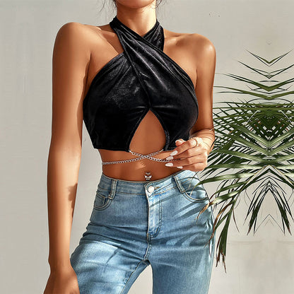 Black Velvet Halter Crop Top with Cut-Out and Chain Detail