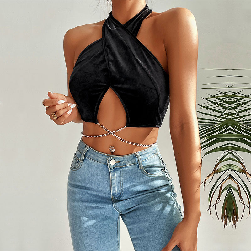 Black Velvet Halter Crop Top with Cut-Out and Chain Detail