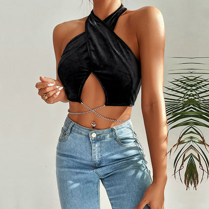 Black Velvet Halter Crop Top with Cut-Out and Chain Detail