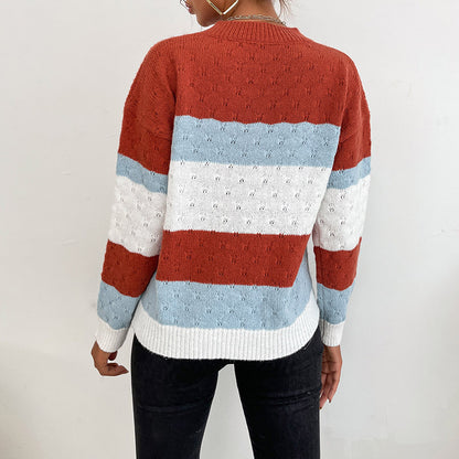 Loose Striped Knit Sweater with V-Neck
