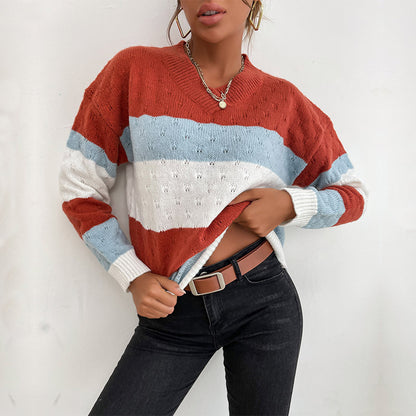 Loose Striped Knit Sweater with V-Neck