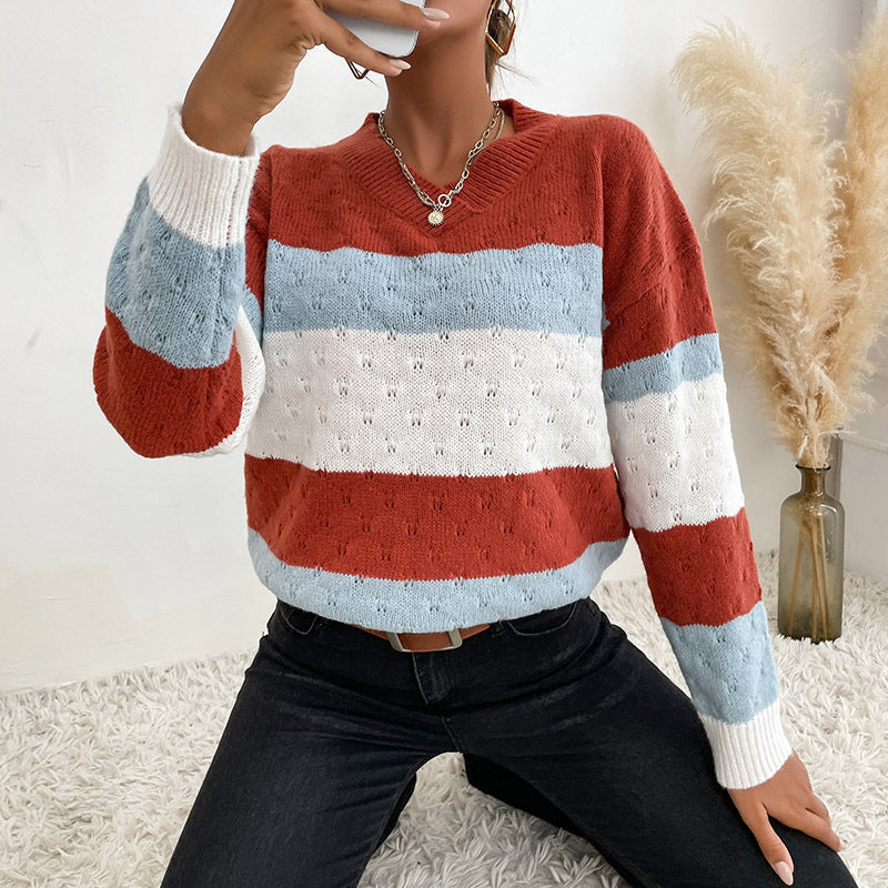 Loose Striped Knit Sweater with V-Neck