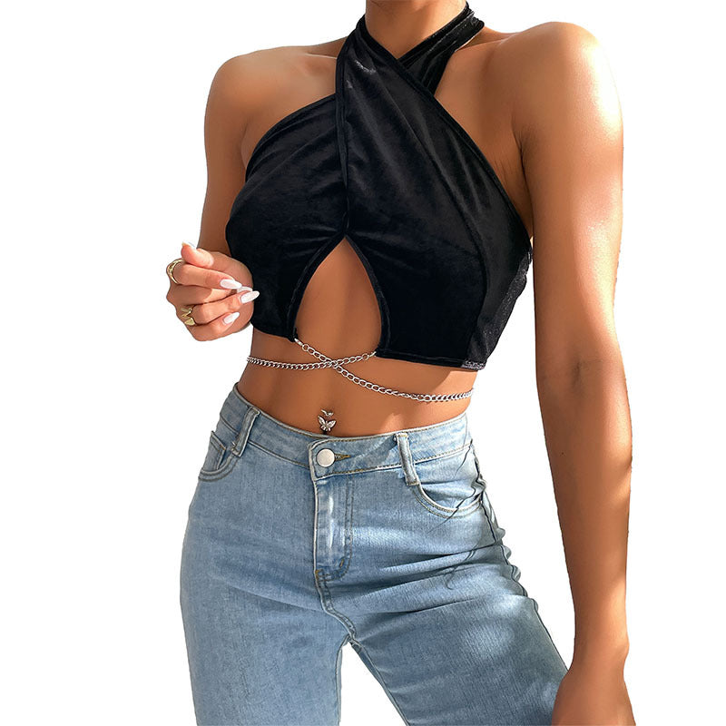Black Velvet Halter Crop Top with Cut-Out and Chain Detail