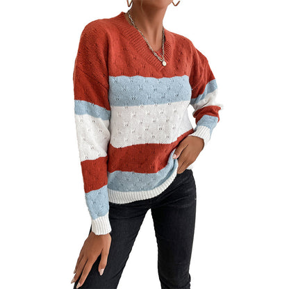 Loose Striped Knit Sweater with V-Neck