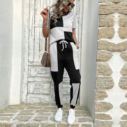 Color Block Lounge Set with Short Sleeve Top and Drawstring Joggers