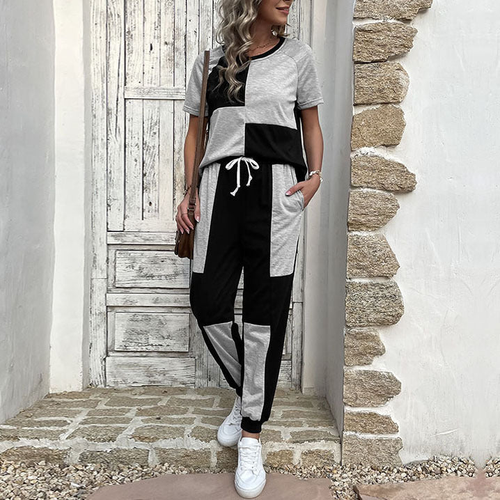 Color Block Lounge Set with Short Sleeve Top and Drawstring Joggers