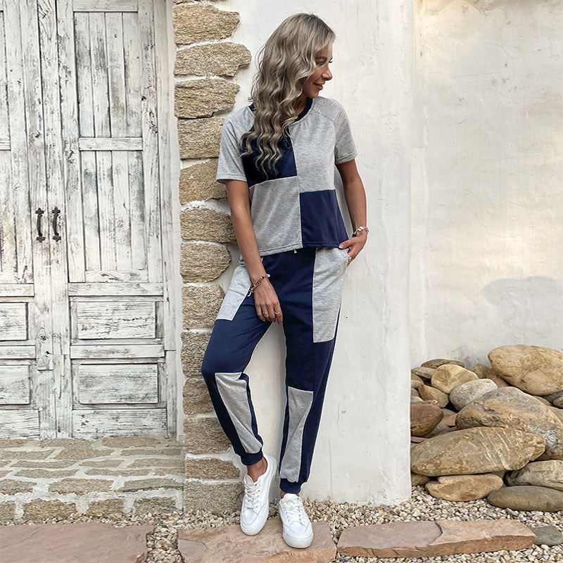 Color Block Lounge Set with Short Sleeve Top and Drawstring Joggers