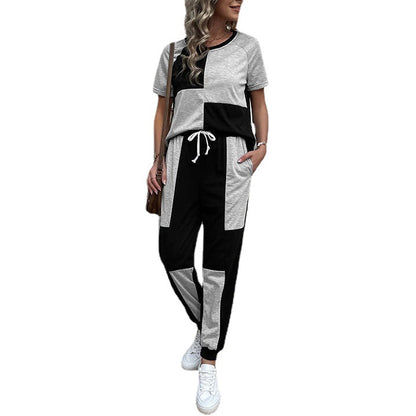 Color Block Lounge Set with Short Sleeve Top and Drawstring Joggers