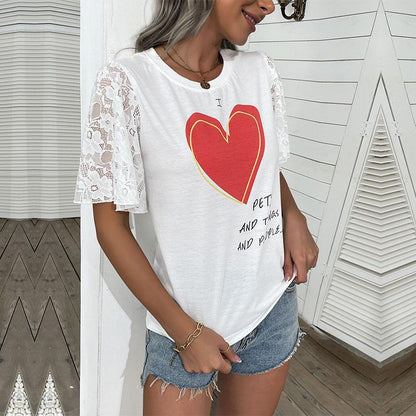 Love Heart Graphic T-Shirt with Lace Short Sleeves