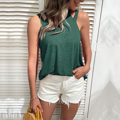 A-Line Solid Tank Top with Strappy Halter Neck