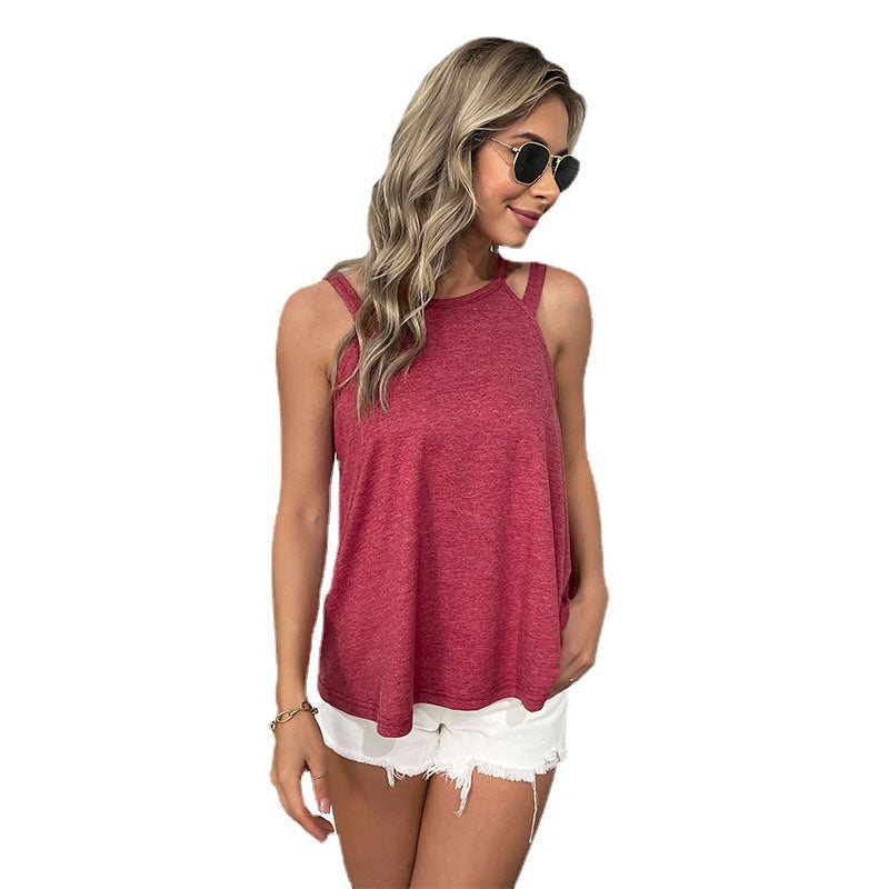 A-Line Solid Tank Top with Strappy Halter Neck