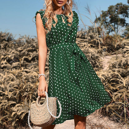 Polka Dot Pleated Midi Dress with Flutter Sleeves