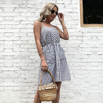 Striped A-Line Sling Dress with Button Front