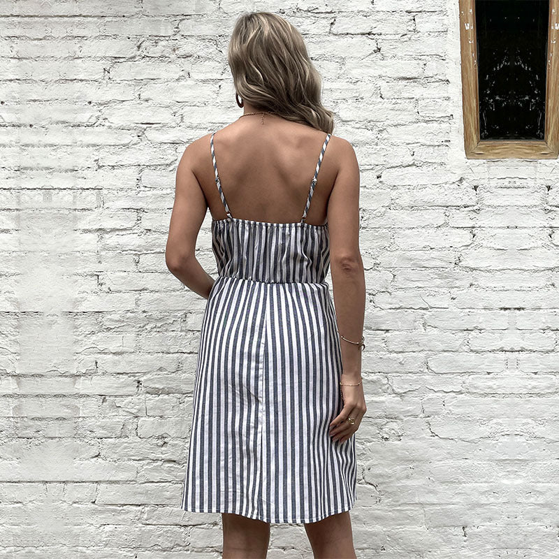 Striped A-Line Sling Dress with Button Front