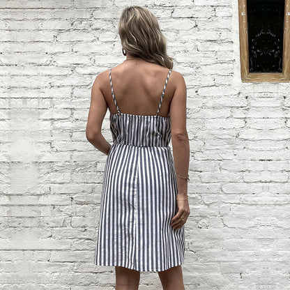 Striped A-Line Sling Dress with Button Front