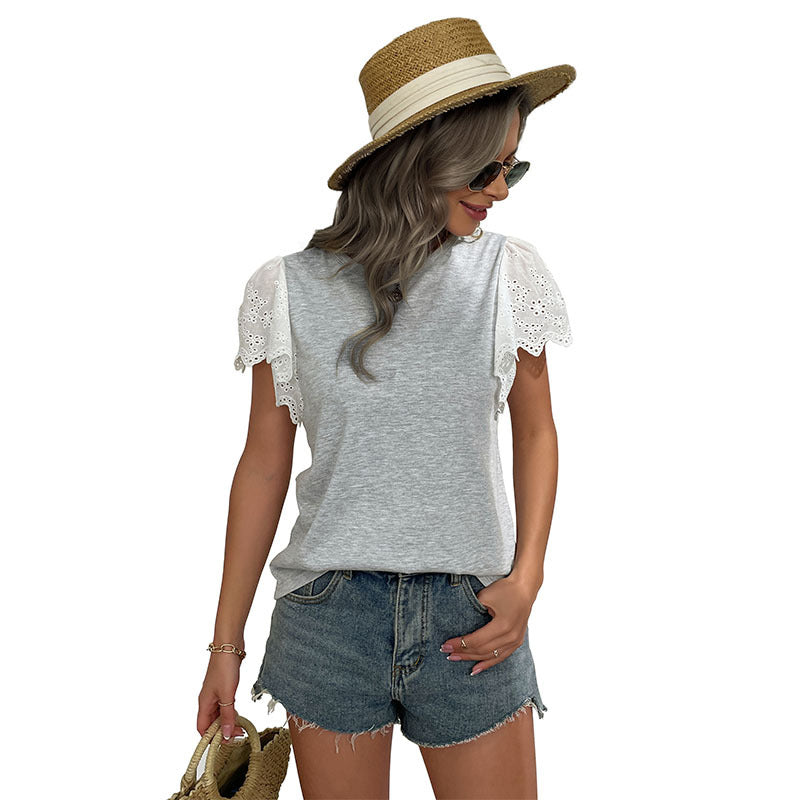Loose Crewneck T-Shirt with Eyelet Lace Patchwork Sleeves