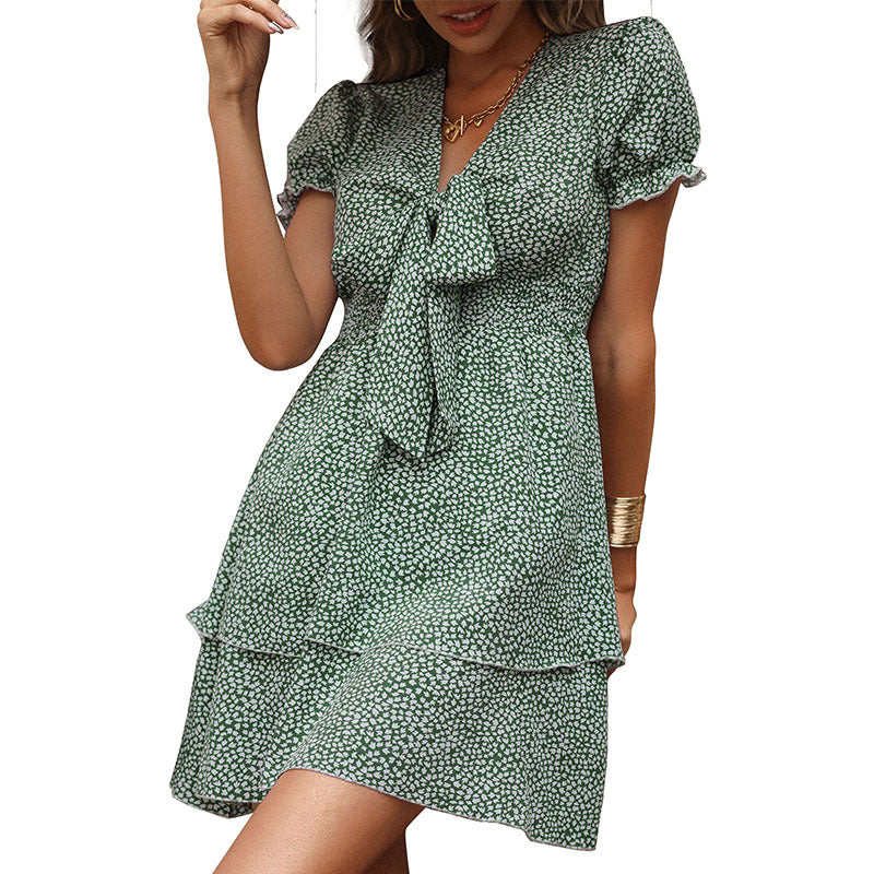Ditsy Floral Print Mini Dress with Bow and Tiered Skirt