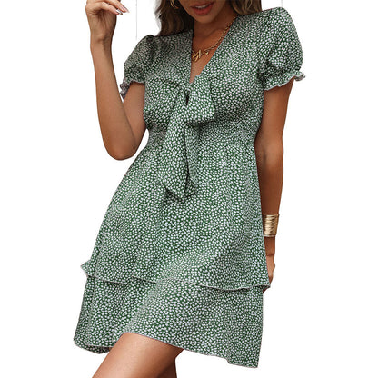 Ditsy Floral Print Mini Dress with Bow and Tiered Skirt