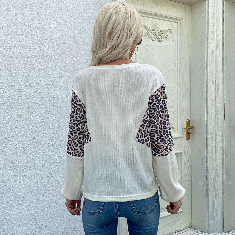Loose Knit Pullover with Leopard Print Patchwork Sleeves