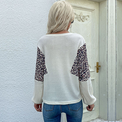 Loose Knit Pullover with Leopard Print Patchwork Sleeves