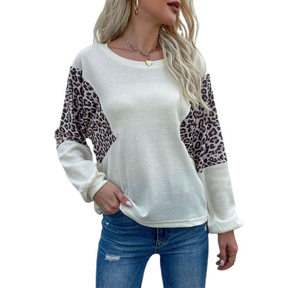 Loose Knit Pullover with Leopard Print Patchwork Sleeves