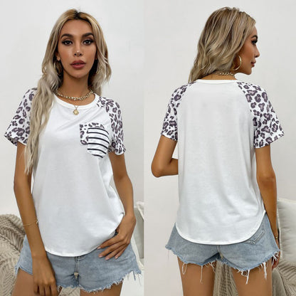Leopard Print Raglan T-Shirt with Striped Pocket