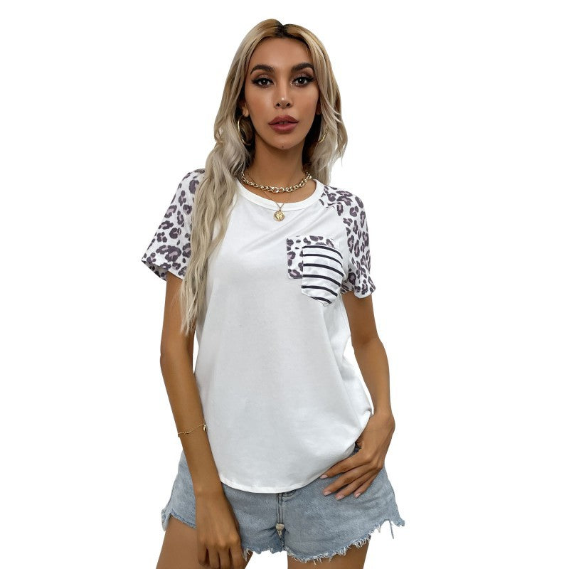 Leopard Print Raglan T-Shirt with Striped Pocket