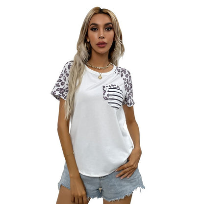 Leopard Print Raglan T-Shirt with Striped Pocket