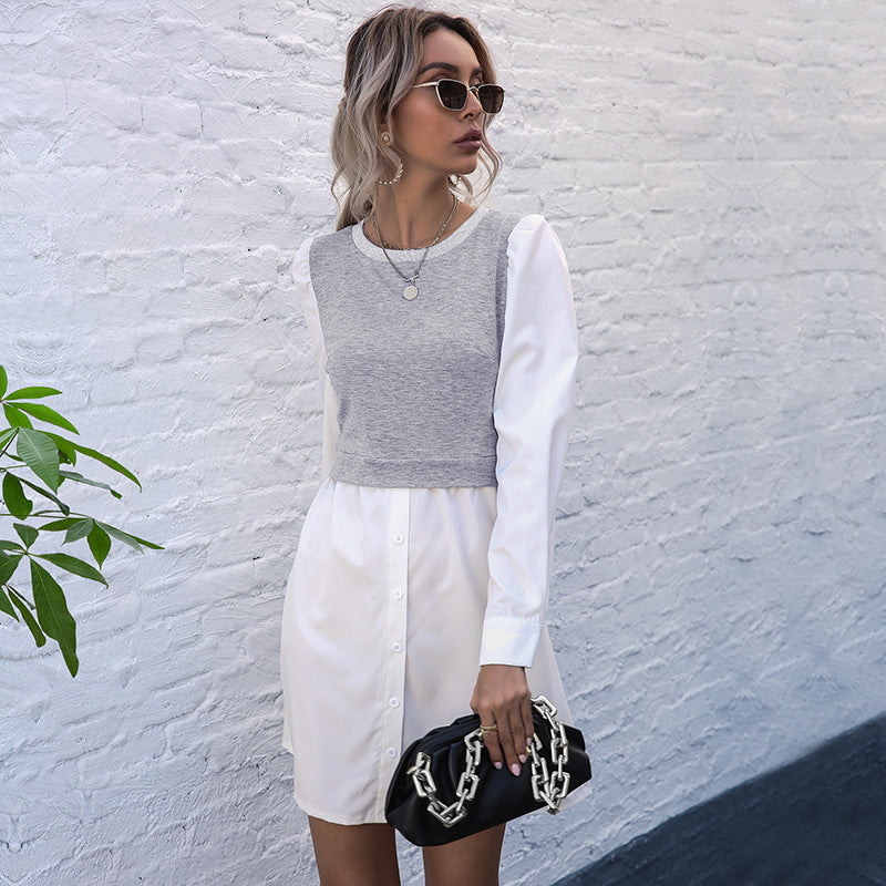 Colorblock Shirt Dress with Cropped Overlay