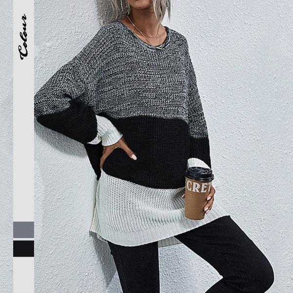 Oversized Color-Block Sweater with Crewneck and Long Sleeves