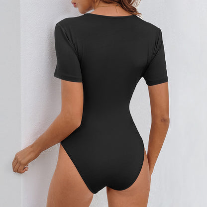 Fitted Bodysuit with Lace V-Neck and Short Sleeves