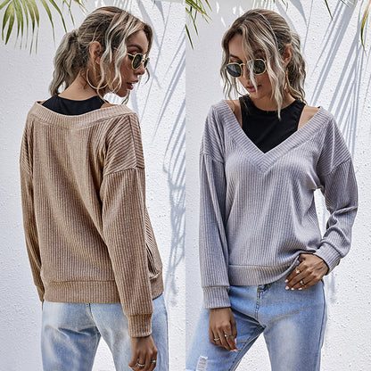 Ribbed Pullover Top with V-Neck and Faux Two-Piece