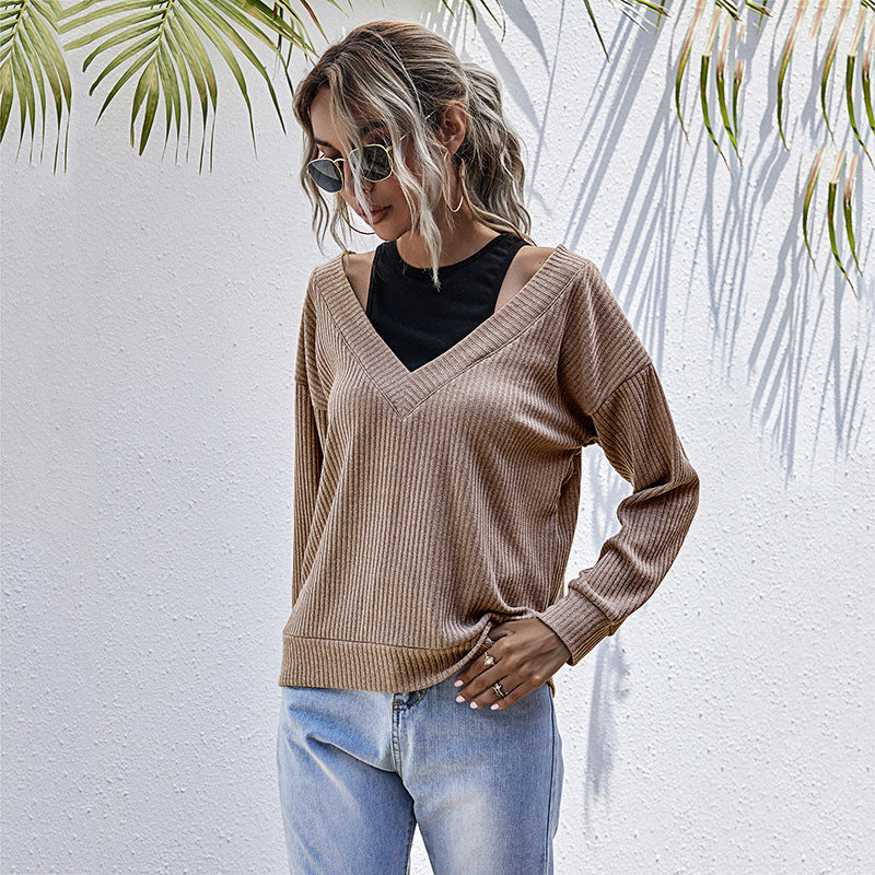 Ribbed Pullover Top with V-Neck and Faux Two-Piece