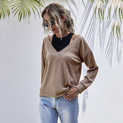 Ribbed Pullover Top with V-Neck and Faux Two-Piece