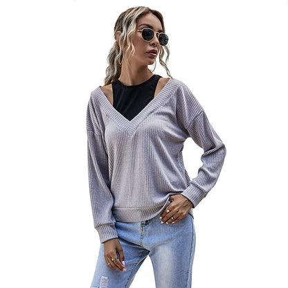 Ribbed Pullover Top with V-Neck and Faux Two-Piece