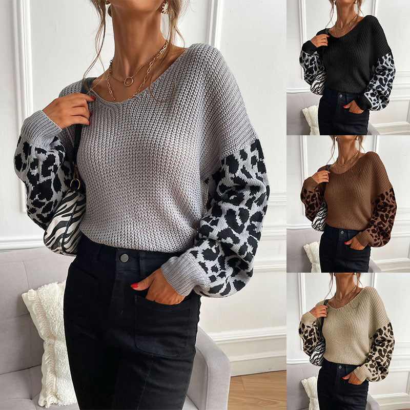 Loose Knit Pullover with Leopard Print Sleeves and V-Neck