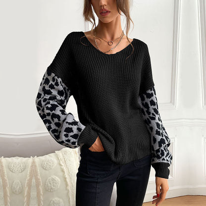 Loose Knit Pullover with Leopard Print Sleeves and V-Neck