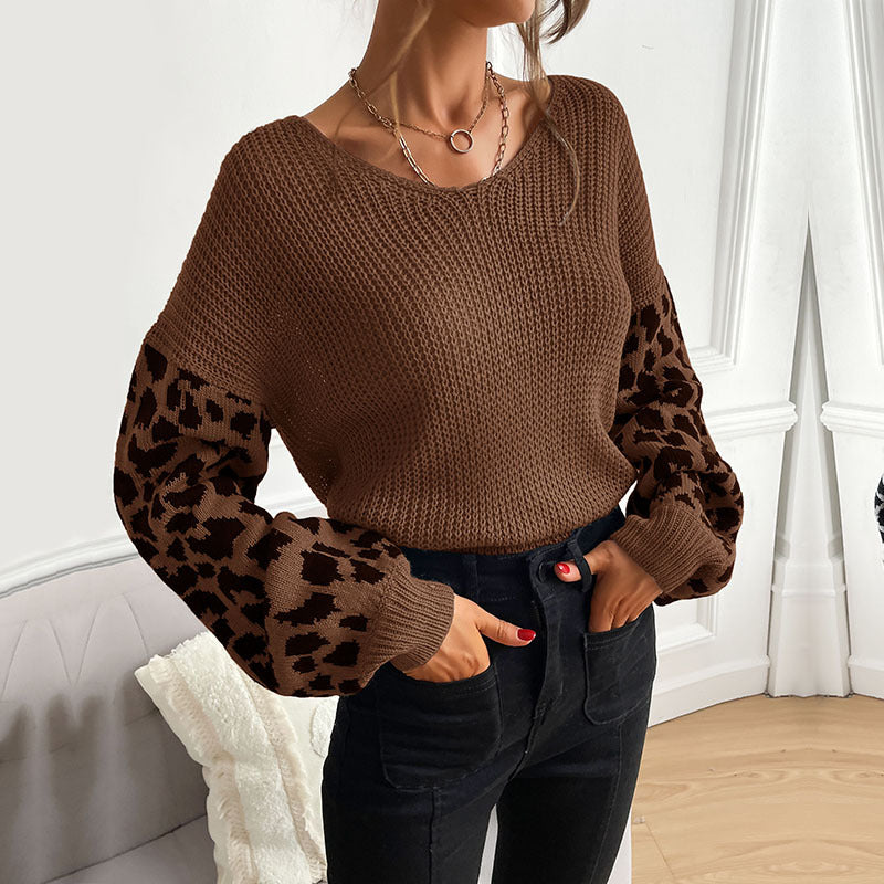 Loose Knit Pullover with Leopard Print Sleeves and V-Neck