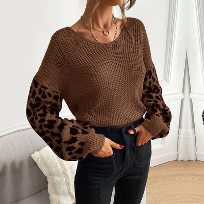 Loose Knit Pullover with Leopard Print Sleeves and V-Neck