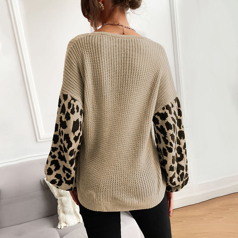 Loose Knit Pullover with Leopard Print Sleeves and V-Neck