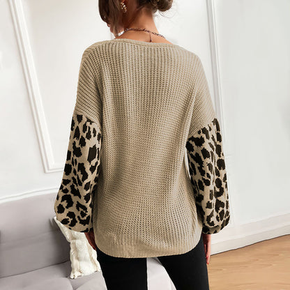 Loose Knit Pullover with Leopard Print Sleeves and V-Neck