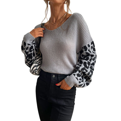 Loose Knit Pullover with Leopard Print Sleeves and V-Neck