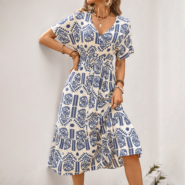 Ethnic Print A-Line Midi Dress with V-Neck