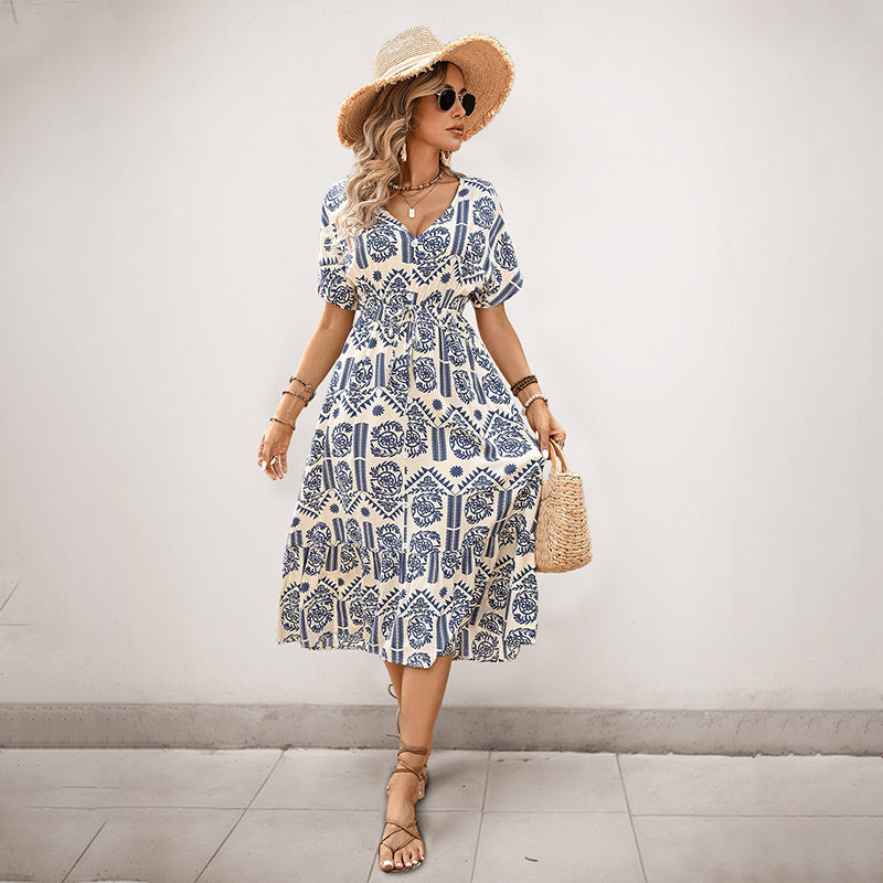 Ethnic Print A-Line Midi Dress with V-Neck