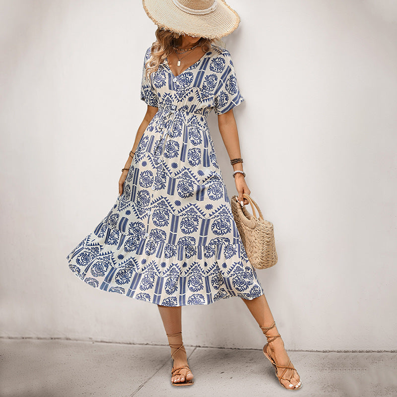 Ethnic Print A-Line Midi Dress with V-Neck
