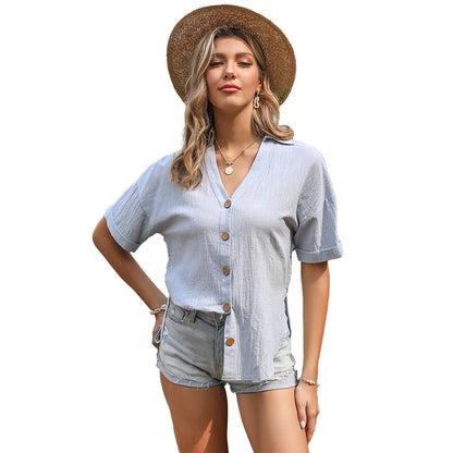 Solid Loose V-Neck Shirt with Short Sleeves and Tie Front