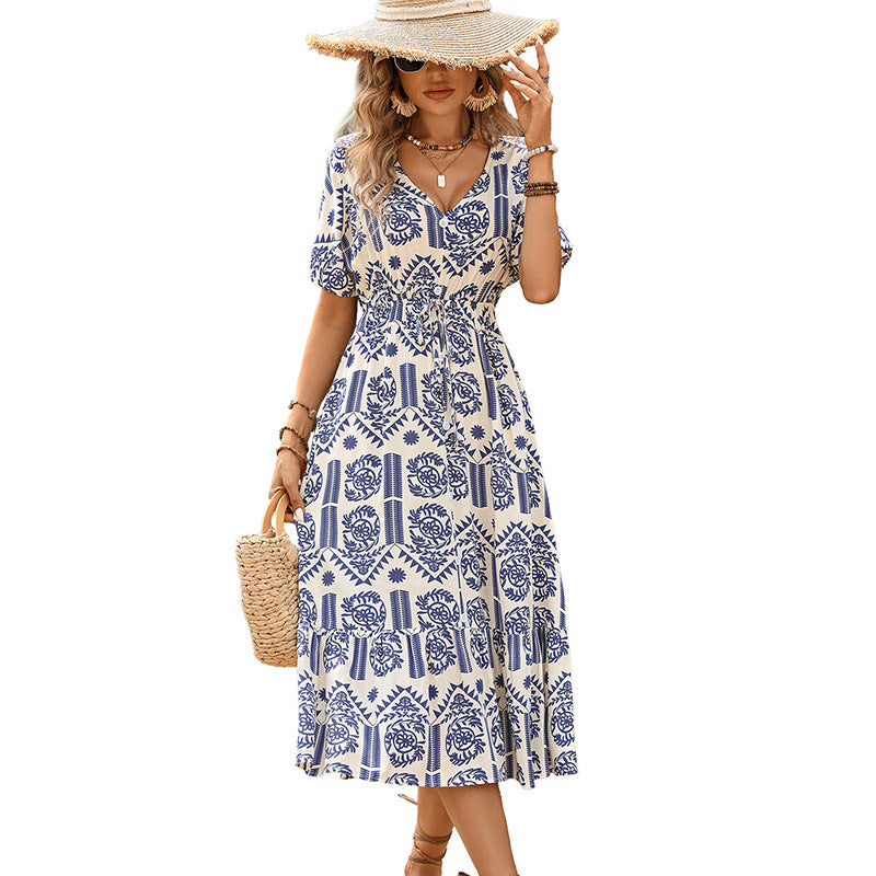 Ethnic Print A-Line Midi Dress with V-Neck